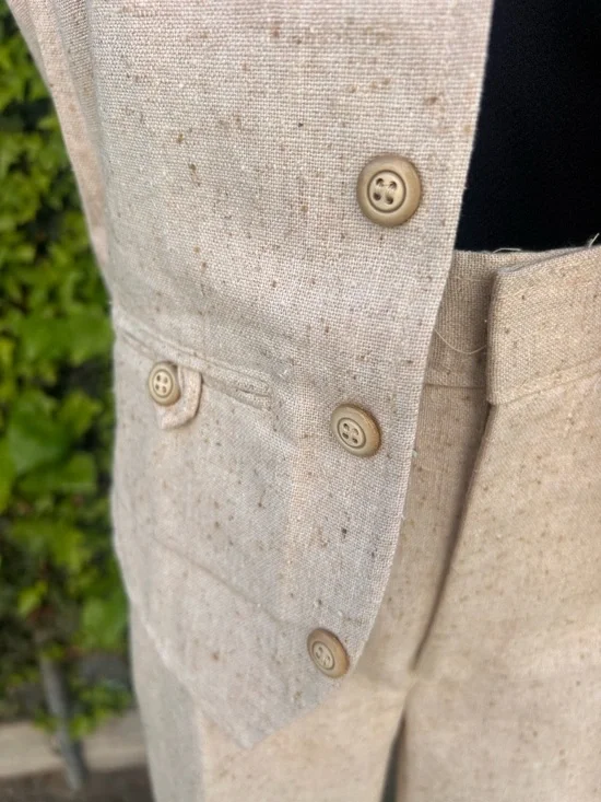 Vintage 70s Pantsuit High Waist Wide Leg Flared Cotton Textured Cream Neutral - Picture 5 of 12